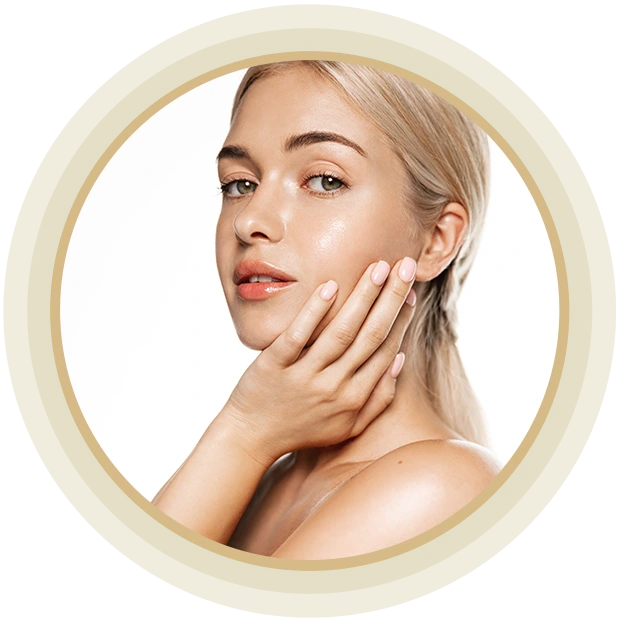 Skin care and rejuvenation. Young blond woman touching soft, glowing and clean face cheek, looking sensual at camera, apply cleanser, cream or facial lotion, white background