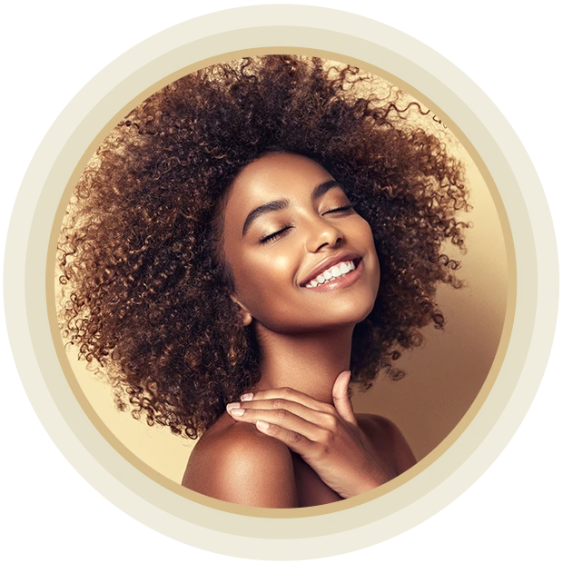 Beauty portrait of african american woman with clean healthy skin on beige background. Smiling dreamy beautiful afro girl.Curly black hair