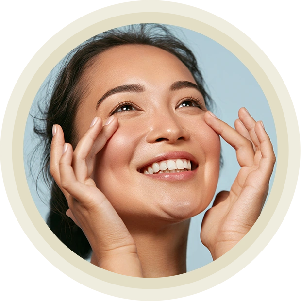 Woman with beauty face touching healthy facial skin portrait